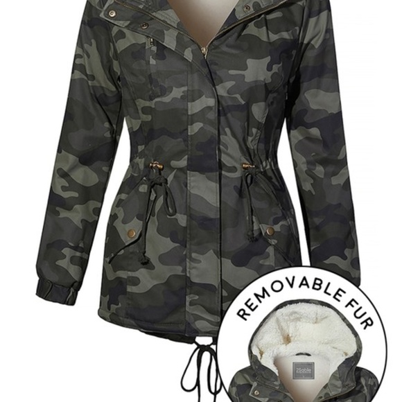 NEW LOVE TREE CAMO MILITARY SHERPA JACKET REMOVABLE FAUX FUR HOODED XS SM MD LG - Picture 3 of 8
